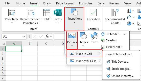 A screenshot of the Insert > Illustration > Place in Cell buttons in Microsoft Excel.