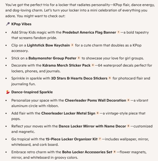 A bulleted list of locker decoration ideas around KPop and Dance from Microsoft Copilot.