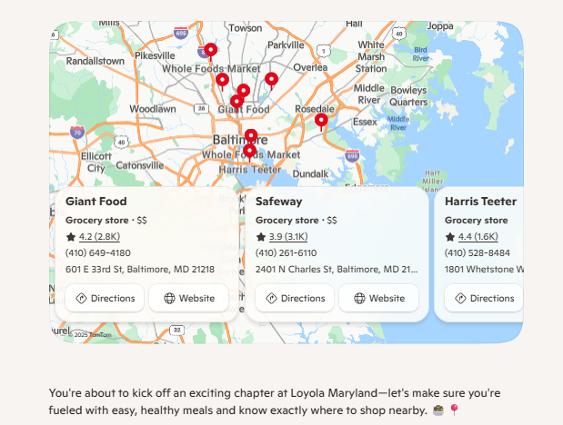 A map of Baltimore with grocery stories pinned from Microsoft Copilot.