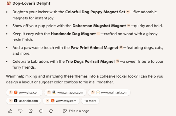 A bulleted list of dog-themed locker decorations from Microsoft Copilot.