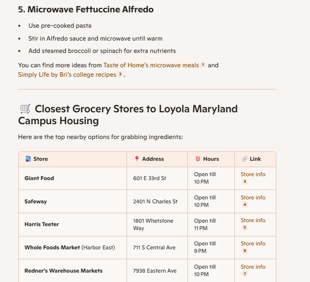 A recipe for microwave fettuccine alfredo and a tabled list of the closest grocery stores to Loyola Maryland from Microsoft Copilot.