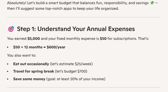 A Microsoft Copilot response about budgeting for college for eating out, traveling for spring break, and saving.