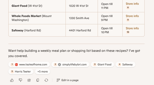 A table of 3 grocery stores near Loyola Maryland from Microsoft Copilot.