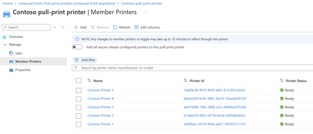 Screenshot of Universal Print anywhere pull-print management blade in the Azure portal