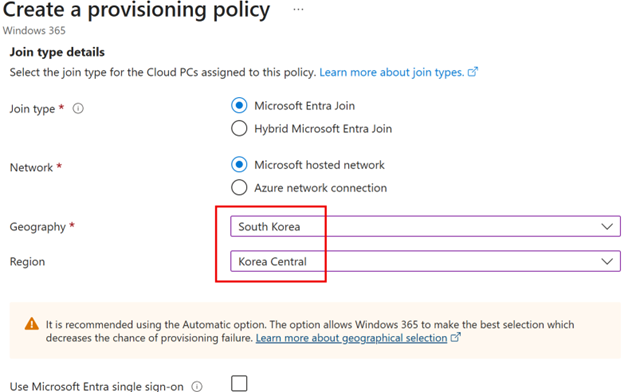 Screenshot of UI showing Korea Central can be selected within the provisioning policies