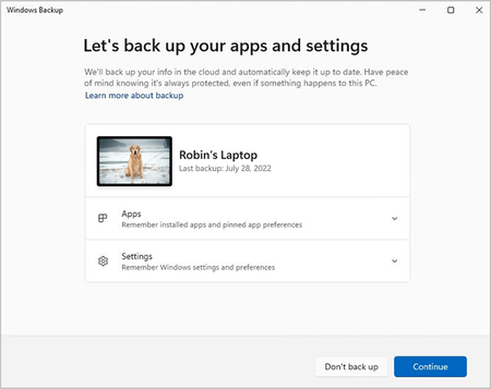 Screenshot of the Windows Backup app, showing the option to back up preferences on a device.