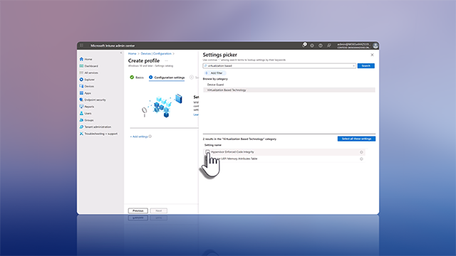 Screenshot of the Configuration tab in the Intune admin center with the Settings picker flyout