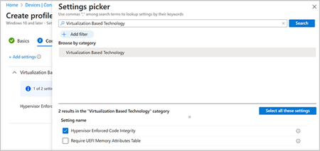 UI screenshot of Configuration tab in the Intune admin center with the Settings picker flyout