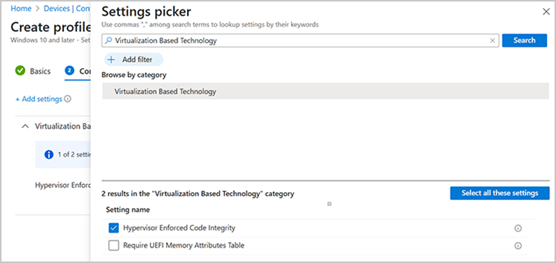 UI screenshot of Configuration tab in the Intune admin center with the Settings picker flyout