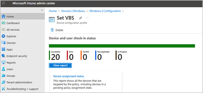 UI screenshot of VBS configuration policy status in the Intune admin center