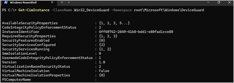Ui screenshot of VBS status shown in PowerShell