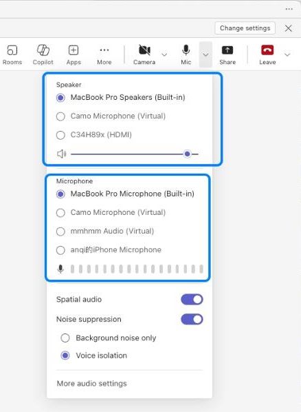 A screenshot of the audio settings in Microsoft Teams under Mic for choosing a speaker, microphone, and other settings like Spatial audio.
