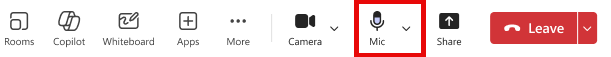 A screenshot of the buttons at the top of a Microsoft Teams meeting with the Mic button highlighted.