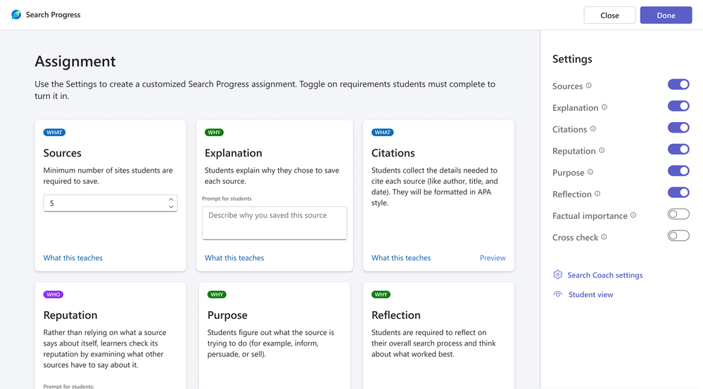 Screenshot of the Search Progress assignment settings page in Microsoft Education. The interface shows customizable assignment components with toggle switches and input fields. On the left, there are six card-style panels titled “Sources,” “Explanation,” “Citations,” “Reputation,” “Purpose,” and “Reflection,” each labeled with what or why it teaches. The right-hand settings menu has toggle switches for each component, with all options enabled except “Factual importance” and “Cross check.” The “[Minimum] Sources” card includes a dropdown set to 5, and the “Explanation” card has a text box to customize the prompt for students.