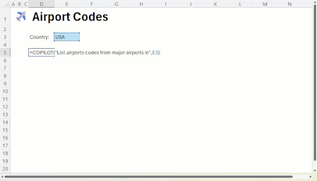 A moving image of the COPILOT function in Microsoft Excel pulling airport codes from major airports in the USA into a column.