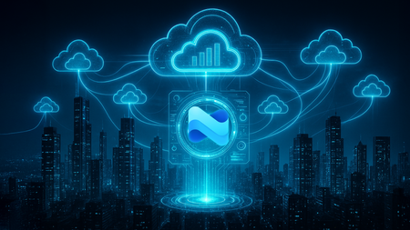 Nighttime futuristic city with glowing cloud icons and a central tech logo, symbolizing cloud computing.