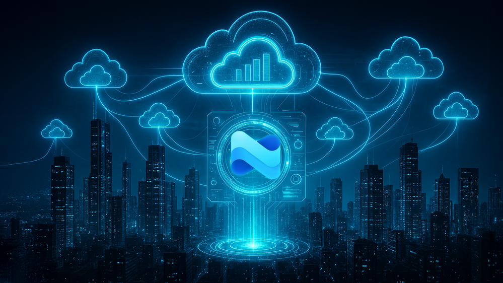 Nighttime futuristic city with glowing cloud icons and a central tech logo, symbolizing cloud computing.
