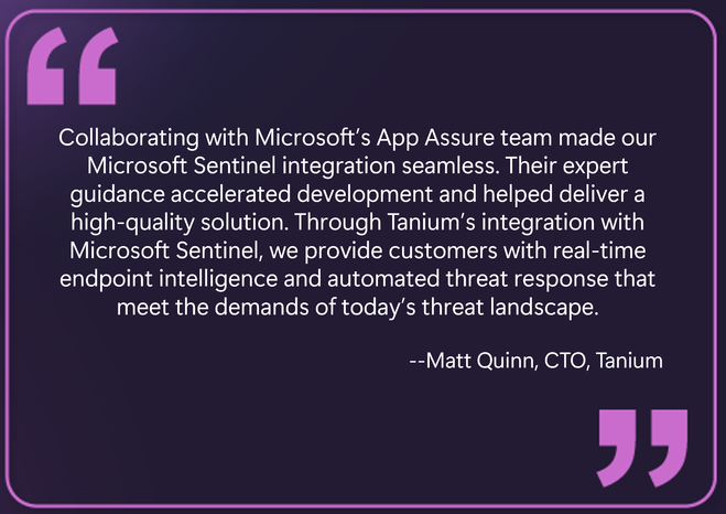 Quote from the CTO of Tanium about their collaboration with App Assure.
