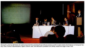 A picture of Microsoft chairman Bill Gates announcing Microsoft Excel software product to Ed Anderson, Enzo Torresi, Steve Jobs, and Jon Shirley on a stage in New York in May 1985.