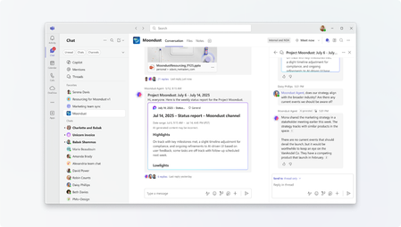A screenshot of a Channel Agent in a Teams channel called Moondust Agent answering a question about strategy and current events.
