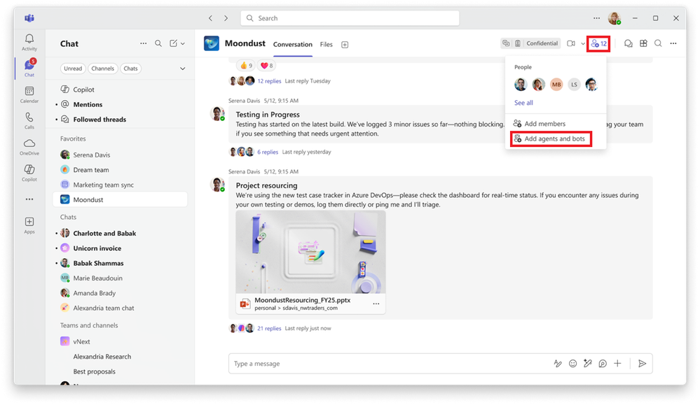 A screenshot of a Teams channel with the Add agents and bots button highlighted in the right-hand corner.