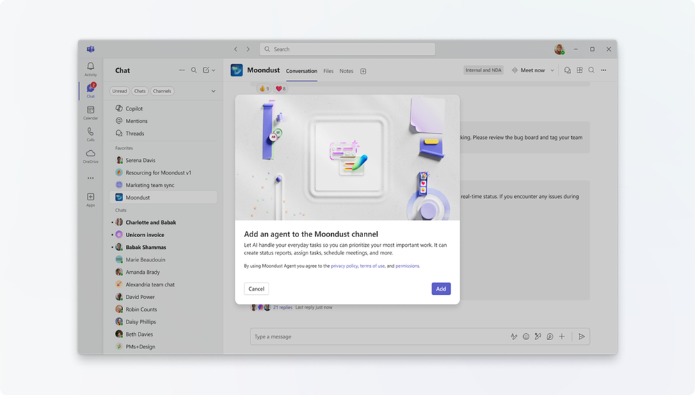 A screenshot of a pop-up window asking to Add an agent to a channel in Microsoft Teams.