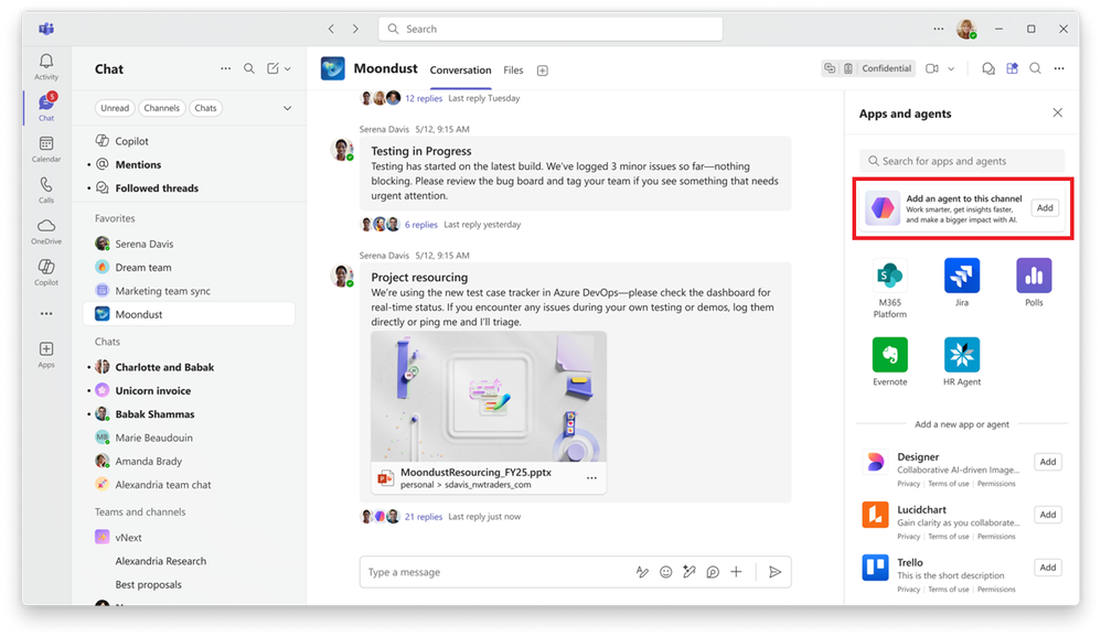 A screenshot of a Teams channel with the Add an agent to this channel option on the right-hand side highlighted.