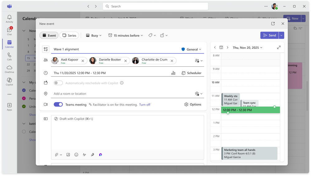 A screenshot of a Calendar event in Microsoft Teams with Facilitator is on for this meeting turned on.