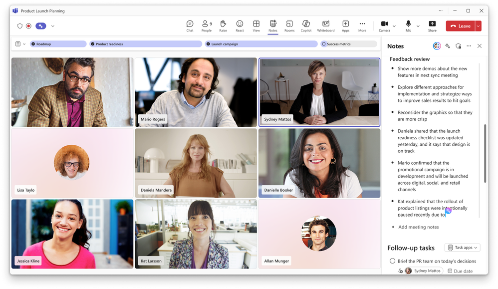 A Microsoft Teams meeting with the Notes tab selected showing Facilitator's Feedback review.