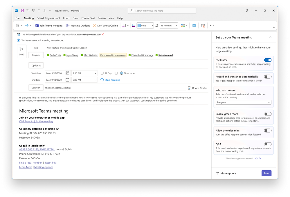 A screenshot of a Meeting invite in Microsoft Outlook with Facilitator toggled on in the Set up your Teams meeting settings.