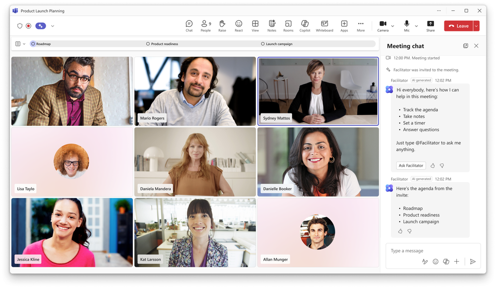 A Microsoft Teams meeting with Facilitator in the Meeting chat providing an agenda.