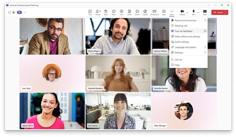 A Microsoft Teams meeting with someone selecting More options > Turn on Facilitator.