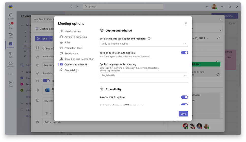A screenshot of the Copilot and other AI settings in Microsoft Teams.
