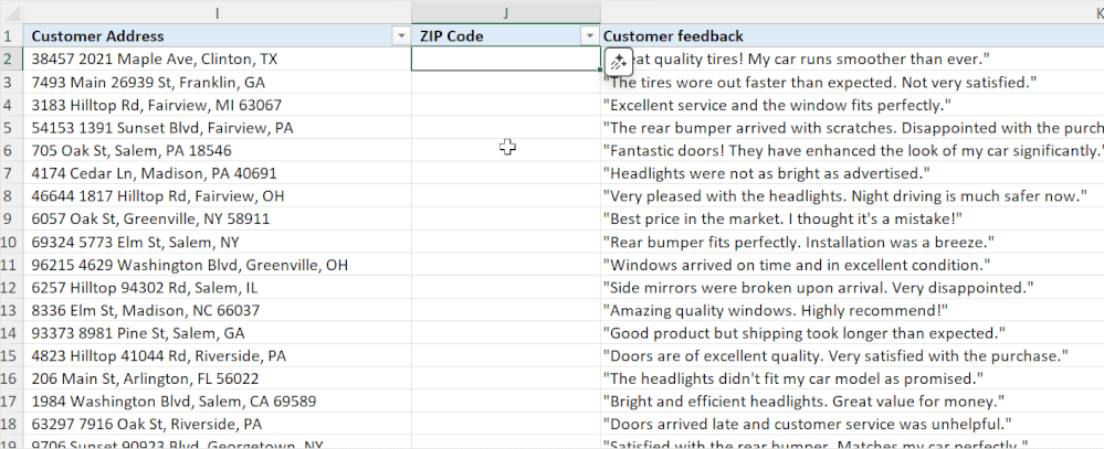 A moving image of formula completion in Microsoft Excel to calculate zip codes from addresses.