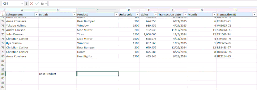 A moving image of formula completion in Microsoft Excel calculating the best product by total sales.