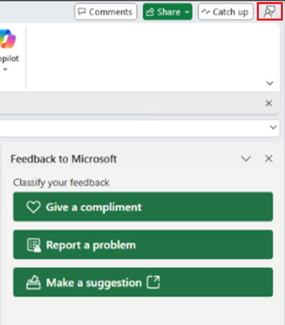 A screenshot of the Feedback menu in Microsoft Excel.