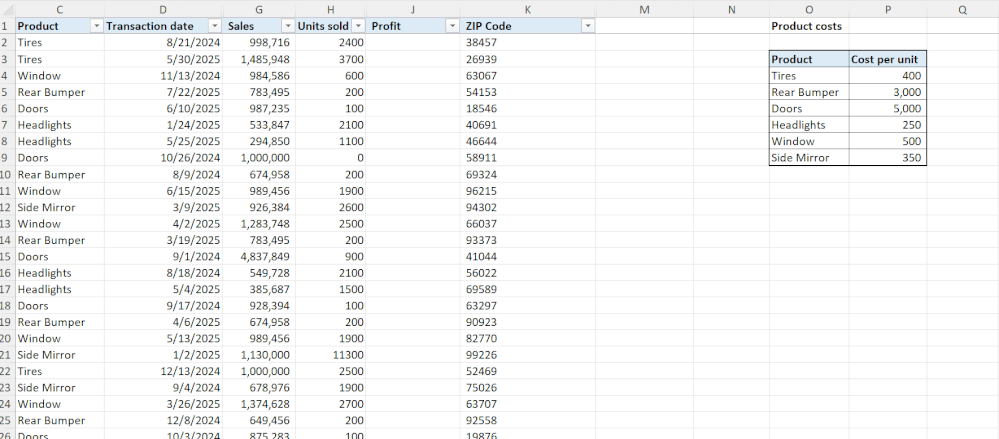 A moving image of formula completion in Microsoft Excel to calculate profit for transactions.