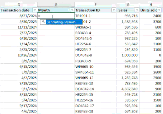 A moving image of formula completion in Microsoft Excel calculating month.