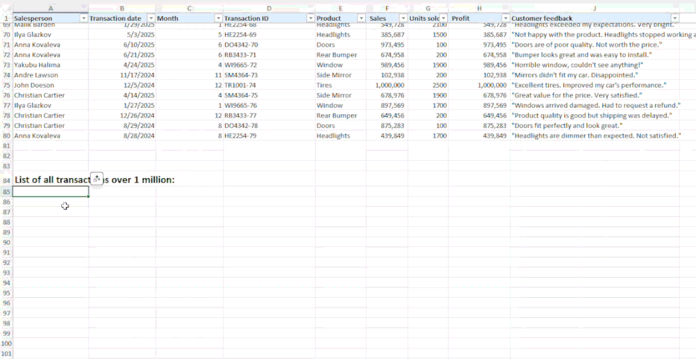 A moving image of formula completion in Microsoft Excel to calculate transactions over 1 million.