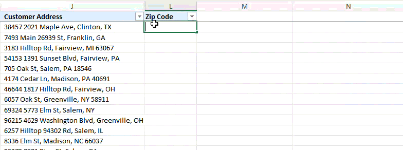 A moving image of formula completion in Microsoft Excel to calculate zip codes from addresses.