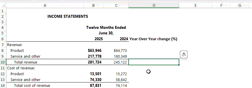 A moving image of formula completion in Microsoft Excel to calculate year-over-year change.