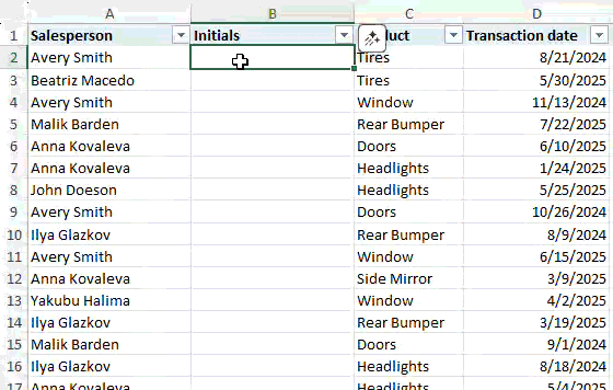 A moving image of formula completion calculating initials by name.
