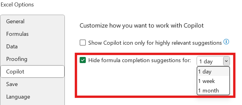 A screenshot of the Microsoft Excel Options to hide formula suggestions from Copilot.