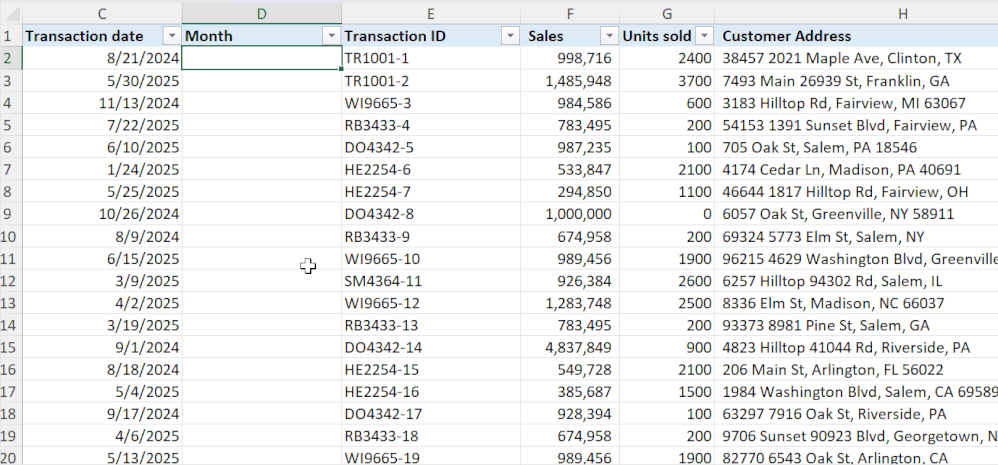 A moving image of formula completion in Microsoft Excel calculating month.