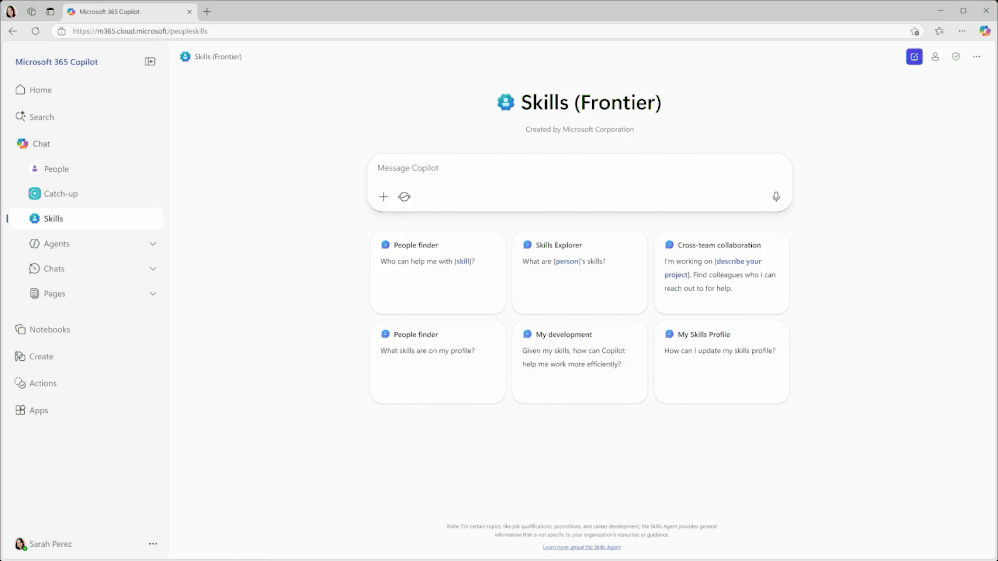 A screenshot showing Skills agent for Frontier in the Microsoft 365 Copilot app.