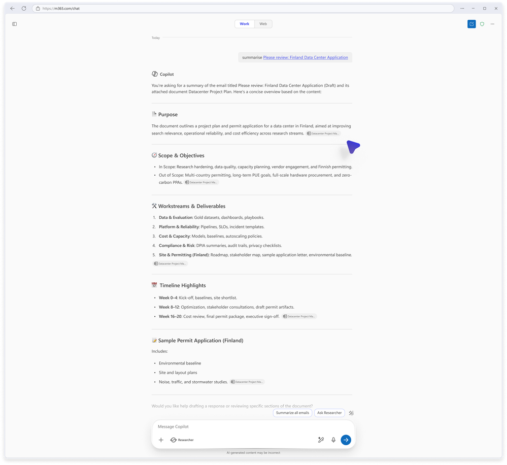Copilot Chat summarizing an email with information from an attachment.