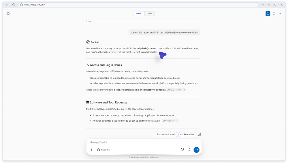 Copilot Chat showing a delegate user asking for a summary of their representative’s inbox.