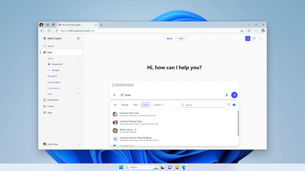 Image of Copilot Chat with a user searching for Teams chats by typing ‘/’ in the input box.