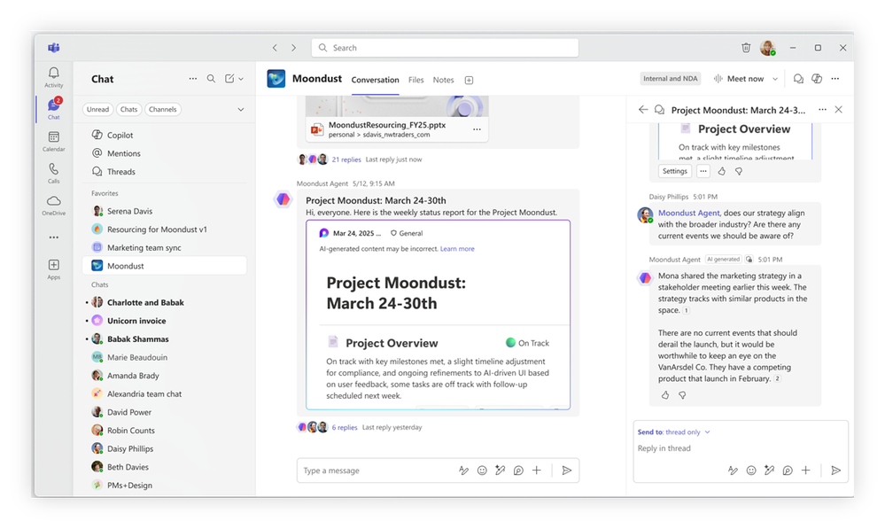 The Channel Agent for a Teams channel called Moondust with a weekly status report.