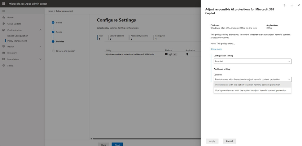 A screenshot of the Microsoft 365 apps admin center Policy Management page, highlighting the capability to control harmful content.